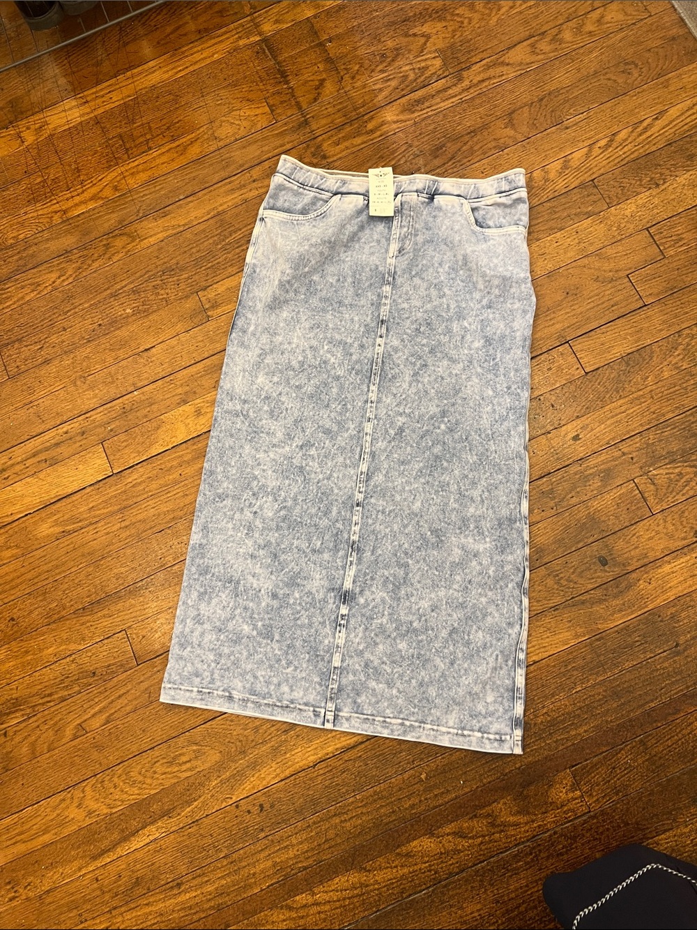 Hard Tail Acid-Wash Midi Denim Skirt in Light Blue